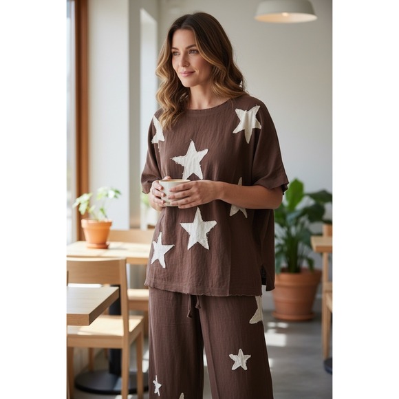 Blue Velvet Chocolate White Star Tunic Top Wide Leg Pants Set Women's Size S - Picture 3 of 8